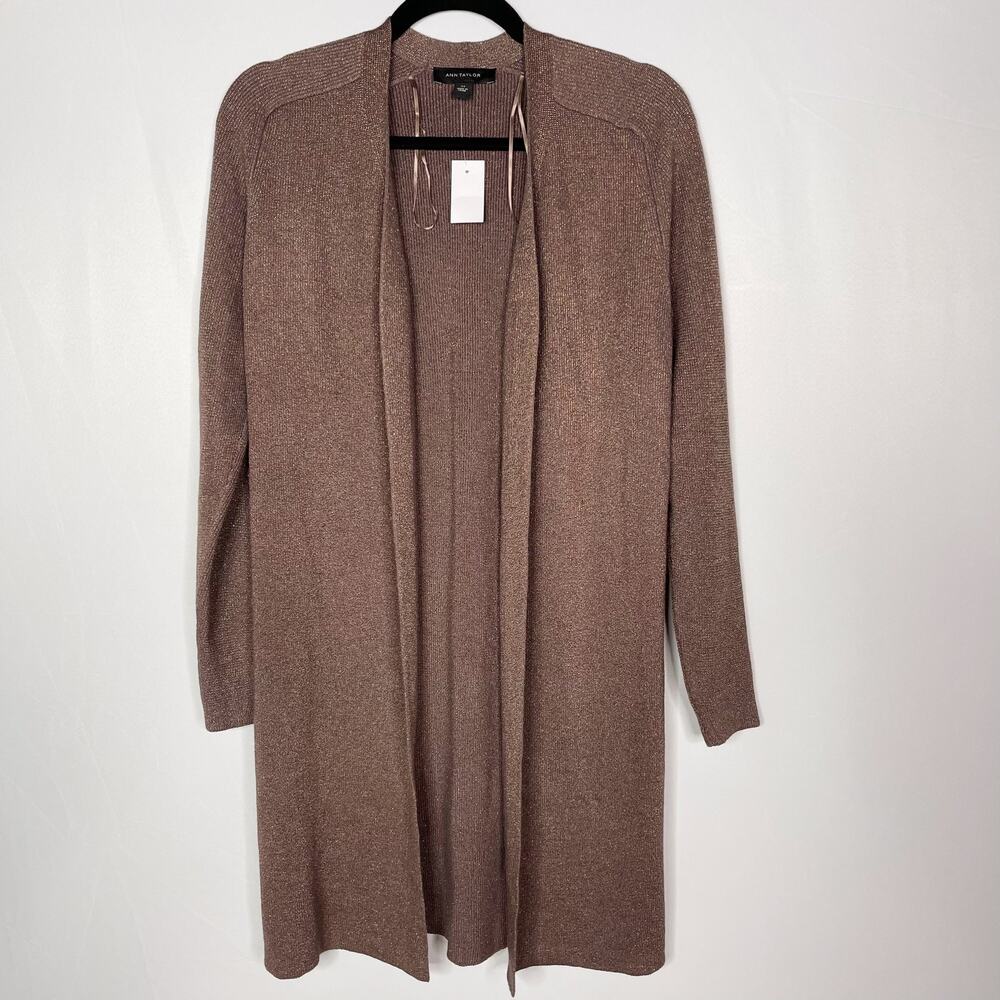 New Ann Taylor XSmall Shimmer Open Cardigan Sweater in Toasted Taupe Brown Long